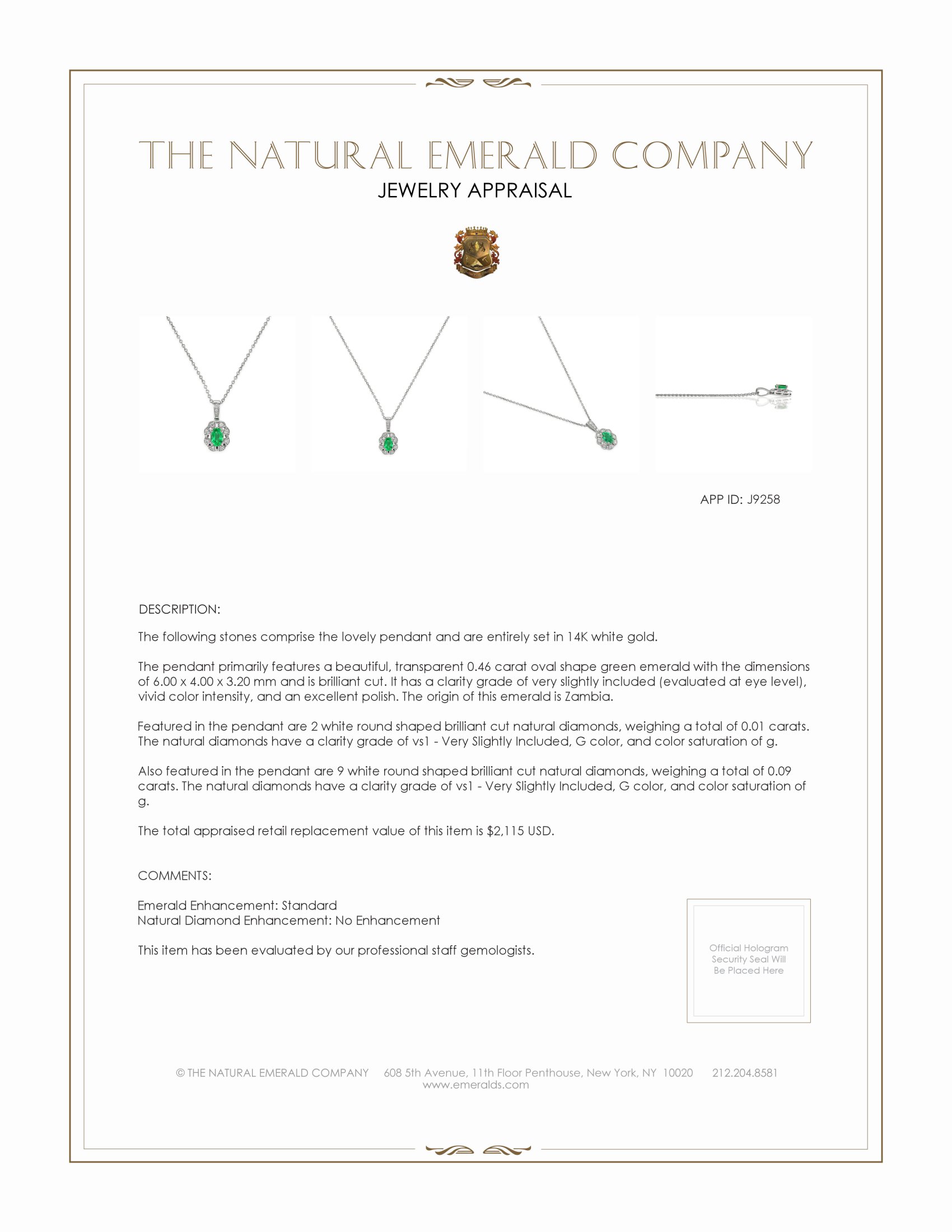 0.46 Ct. Emerald and Natural Diamond Halo Pendant, 14K White Gold