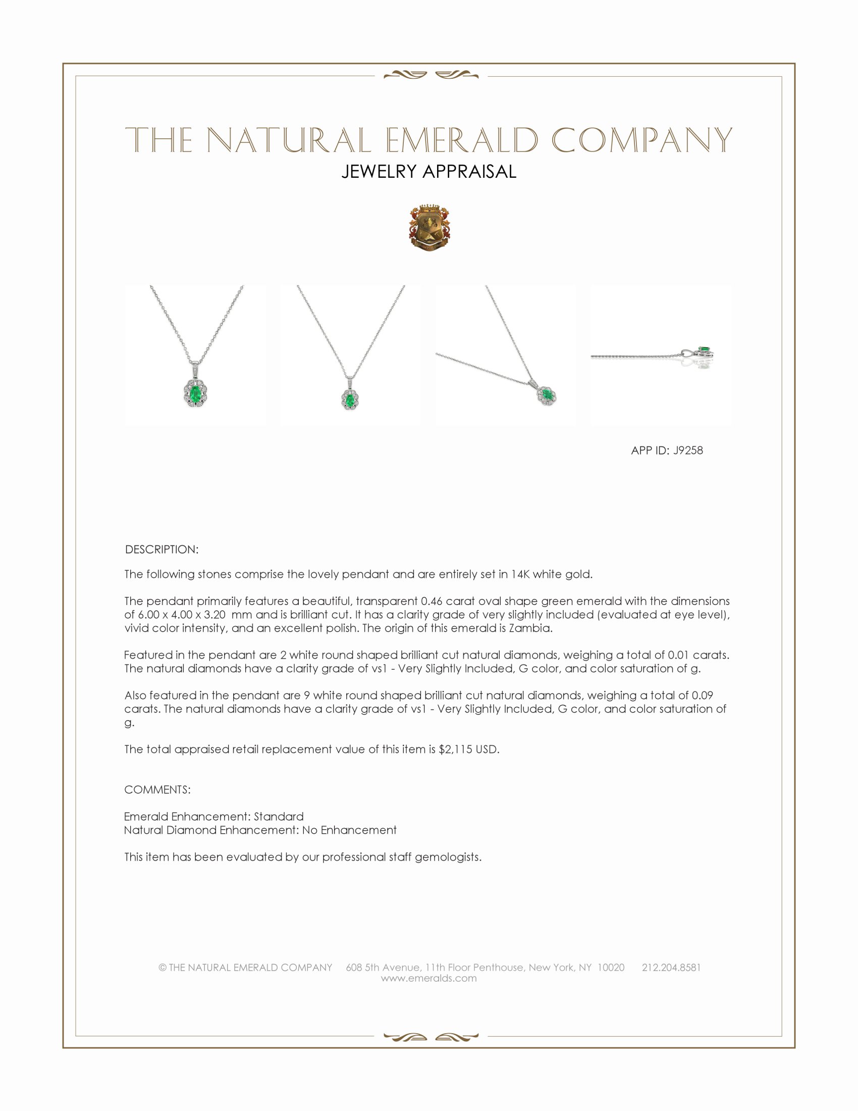0.46 Ct. Emerald and Natural Diamond Halo Pendant, 14K White Gold