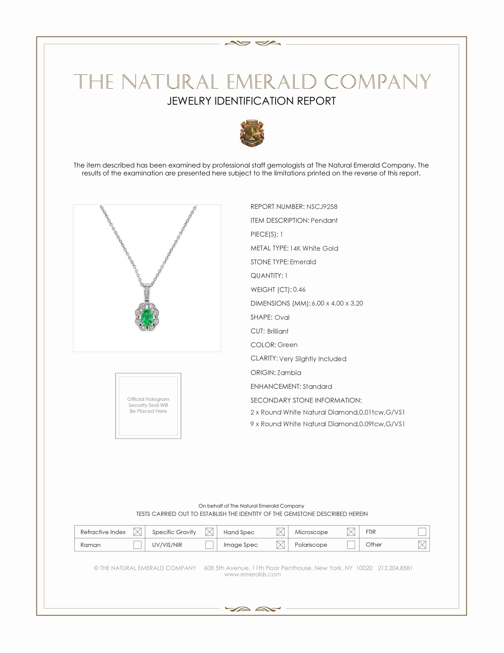 0.46 Ct. Emerald and Natural Diamond Halo Pendant, 14K White Gold