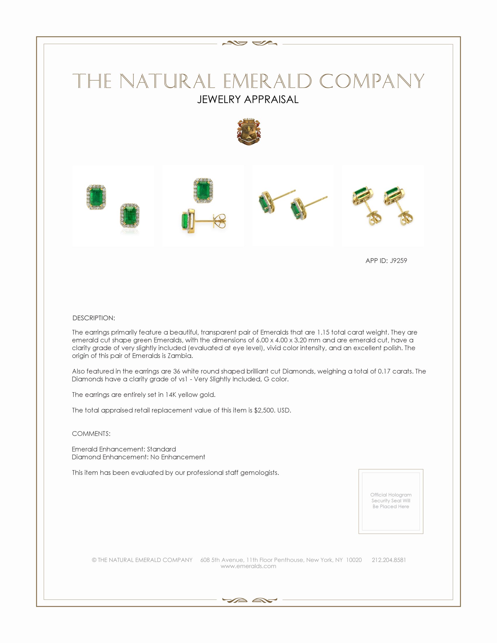 1.15 Ct.Tw. Emerald and Natural Diamond Studs Earrings, 14K Yellow Gold