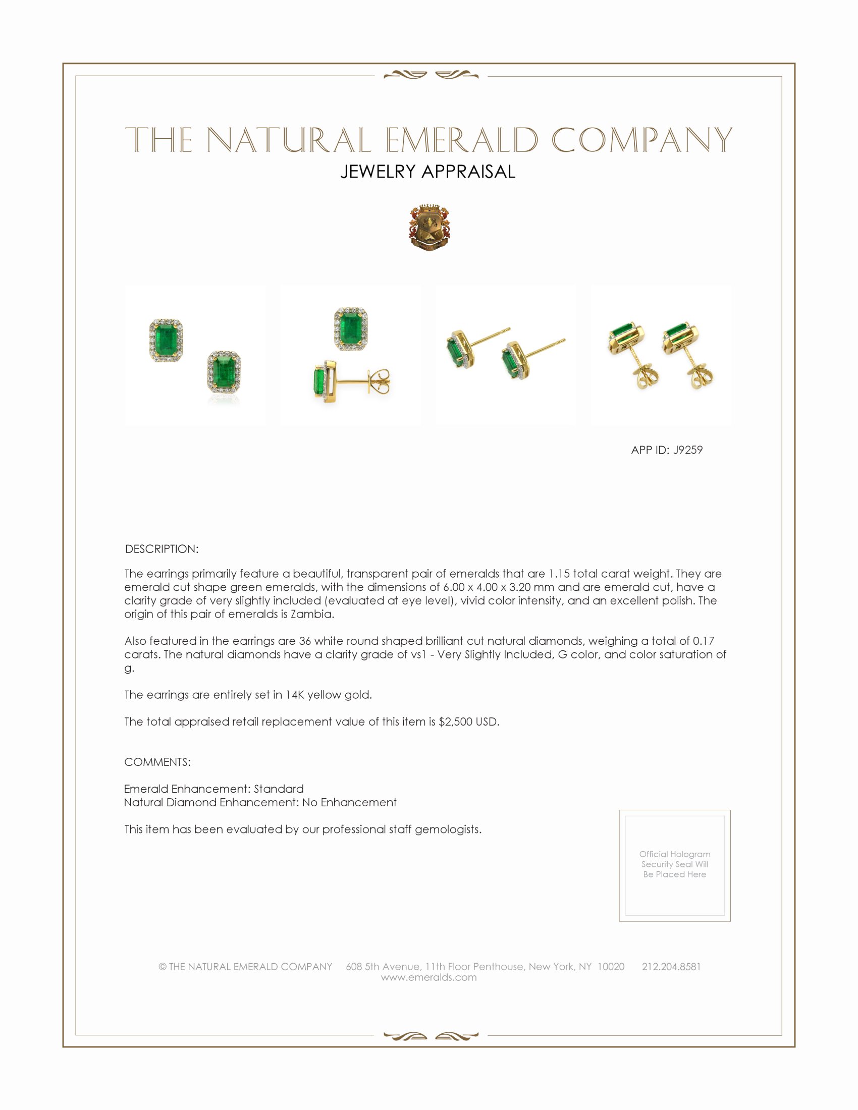 1.15 Ct.Tw. Emerald and Natural Diamond Halo Earrings, 14K Yellow Gold