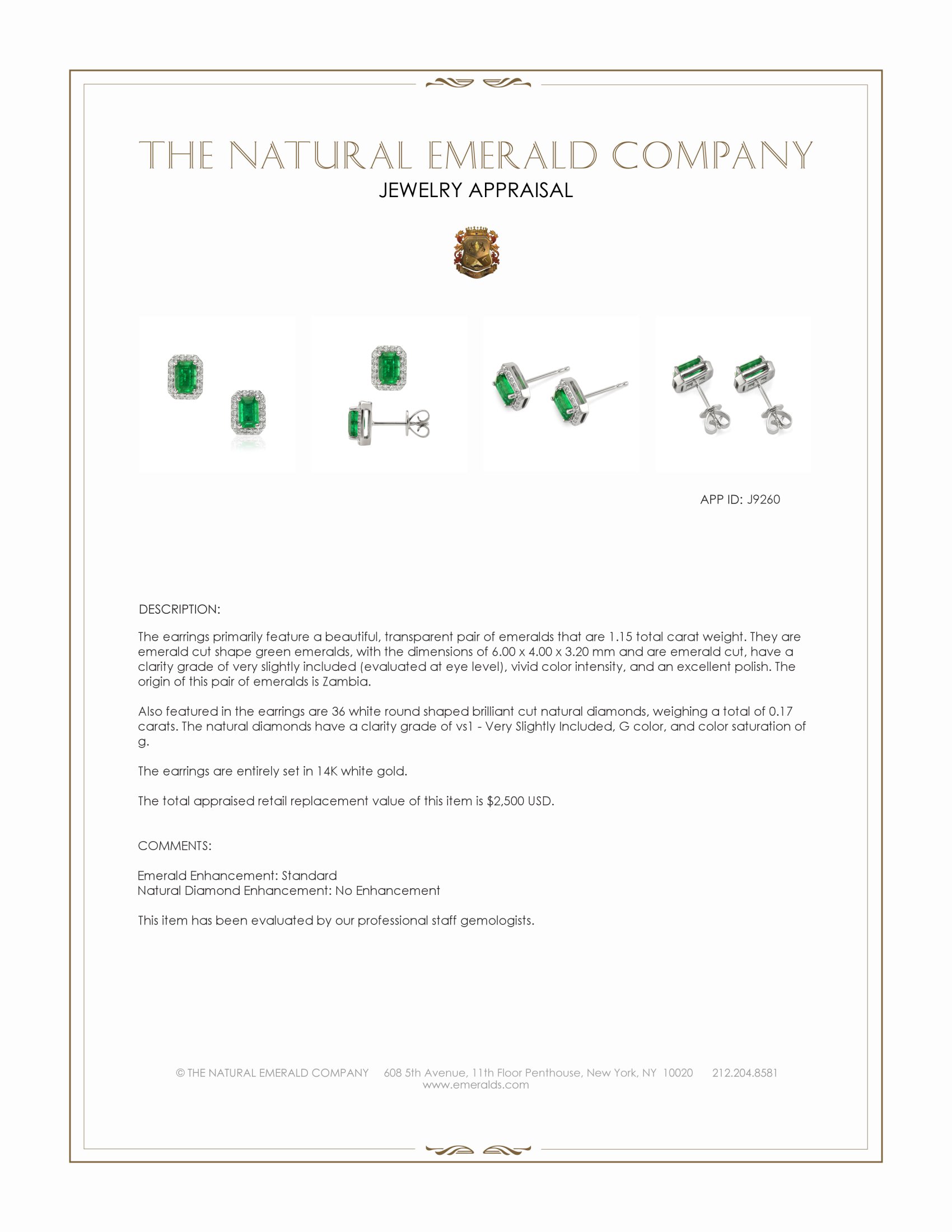1.15 Ct.Tw. Emerald and Natural Diamond Studs Earrings, 14K White Gold