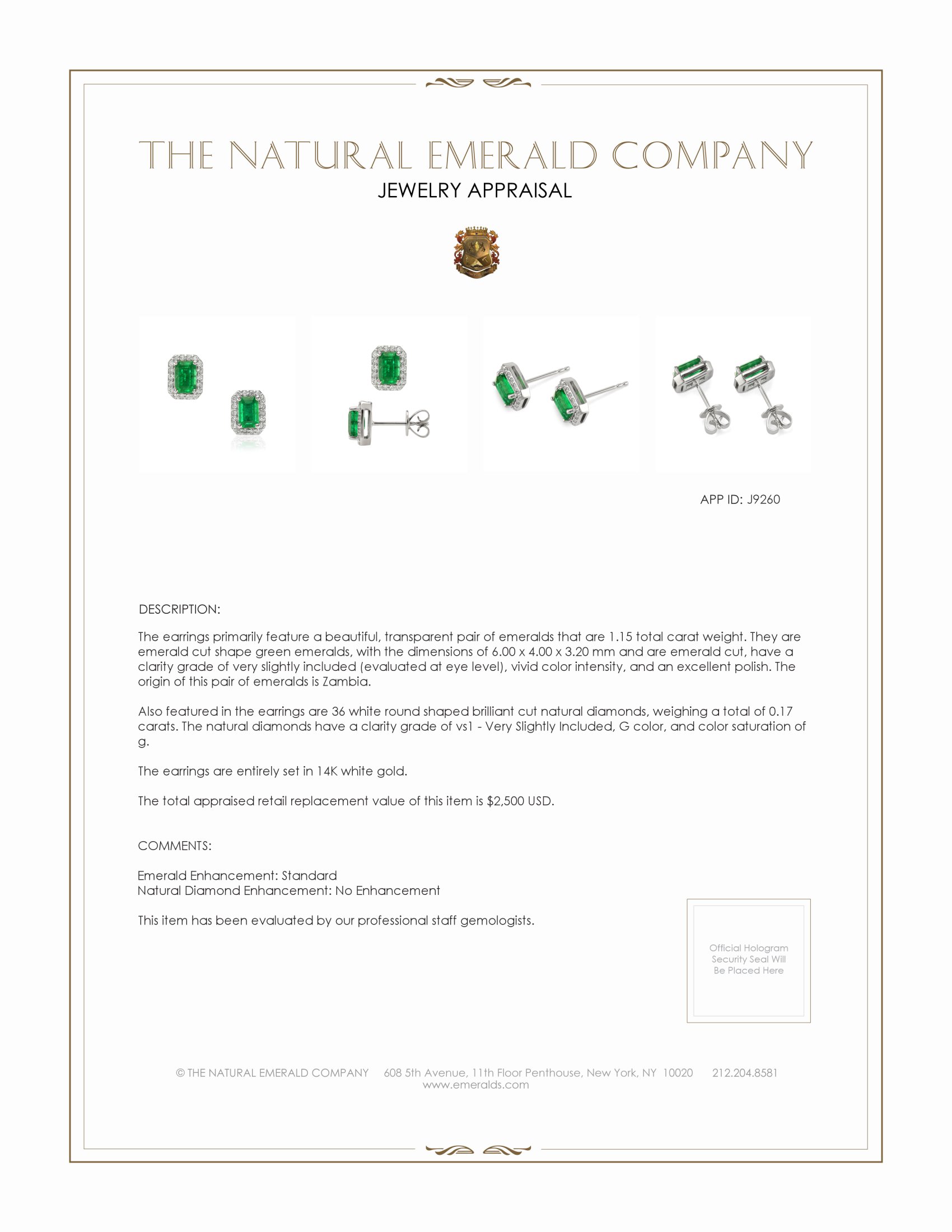 1.15 Ct.Tw. Emerald Natural Diamond Pave Earrings, 14K White Gold