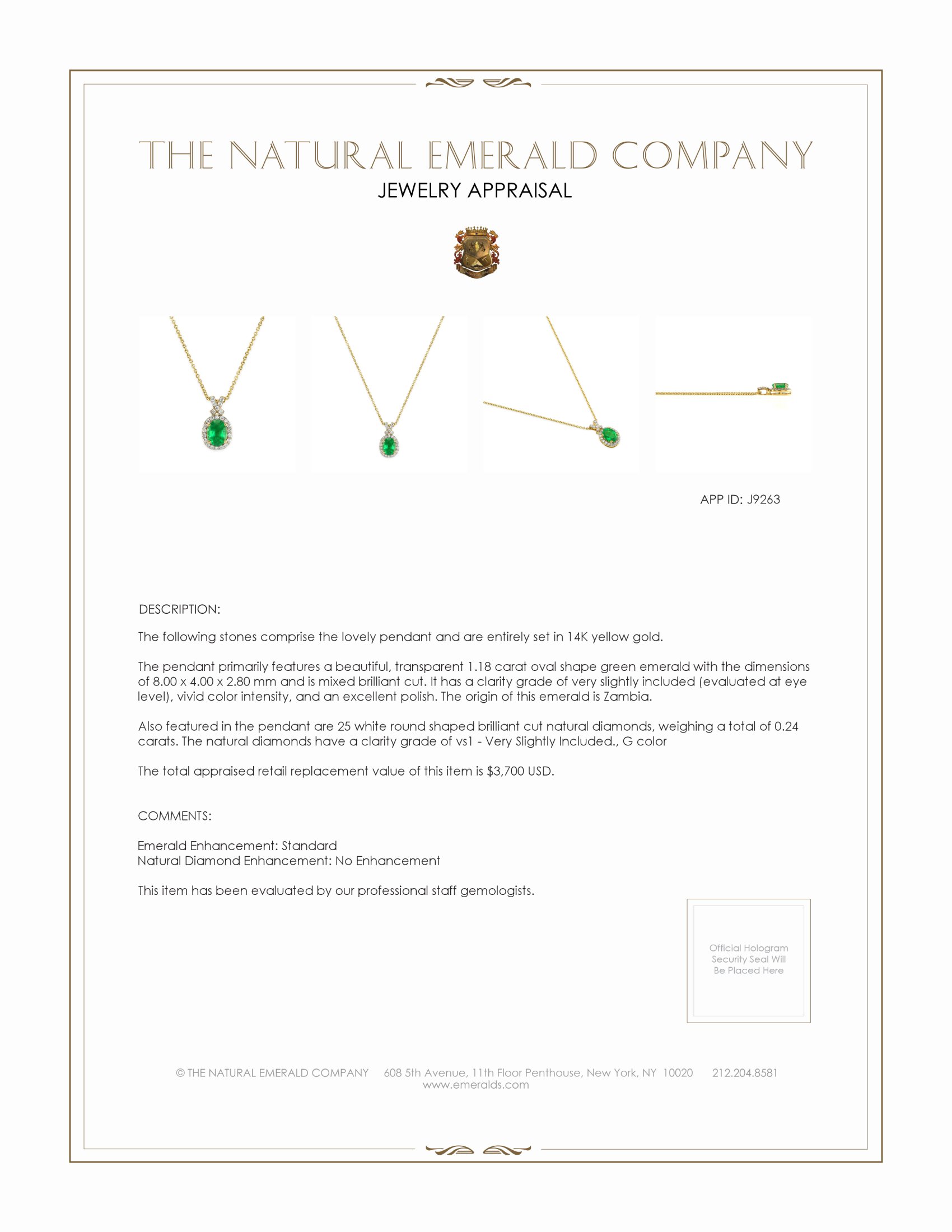 1.18 Ct. Emerald Natural Diamond Pave Pendant, 14K Yellow Gold