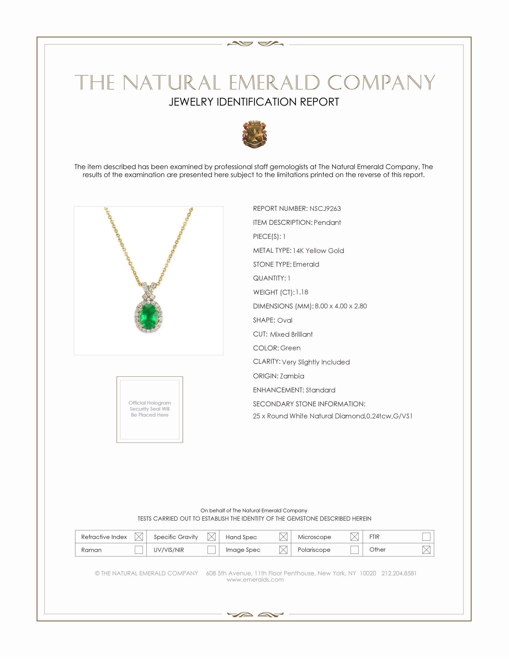 1.18 Ct. Emerald Natural Diamond Pave Pendant, 14K Yellow Gold