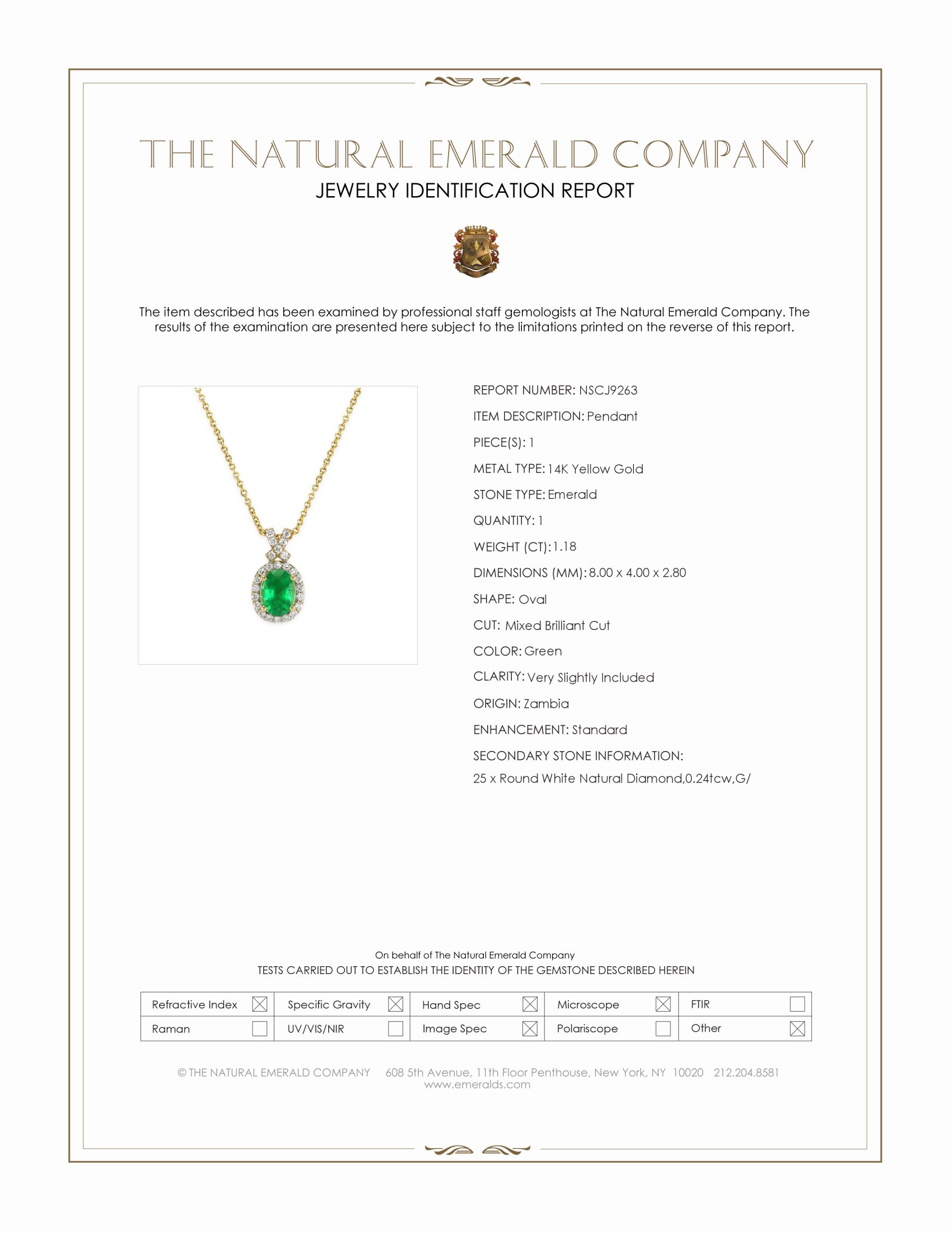 1.18 Ct. Emerald and Natural Diamond Pave Pendant, 14K Yellow Gold