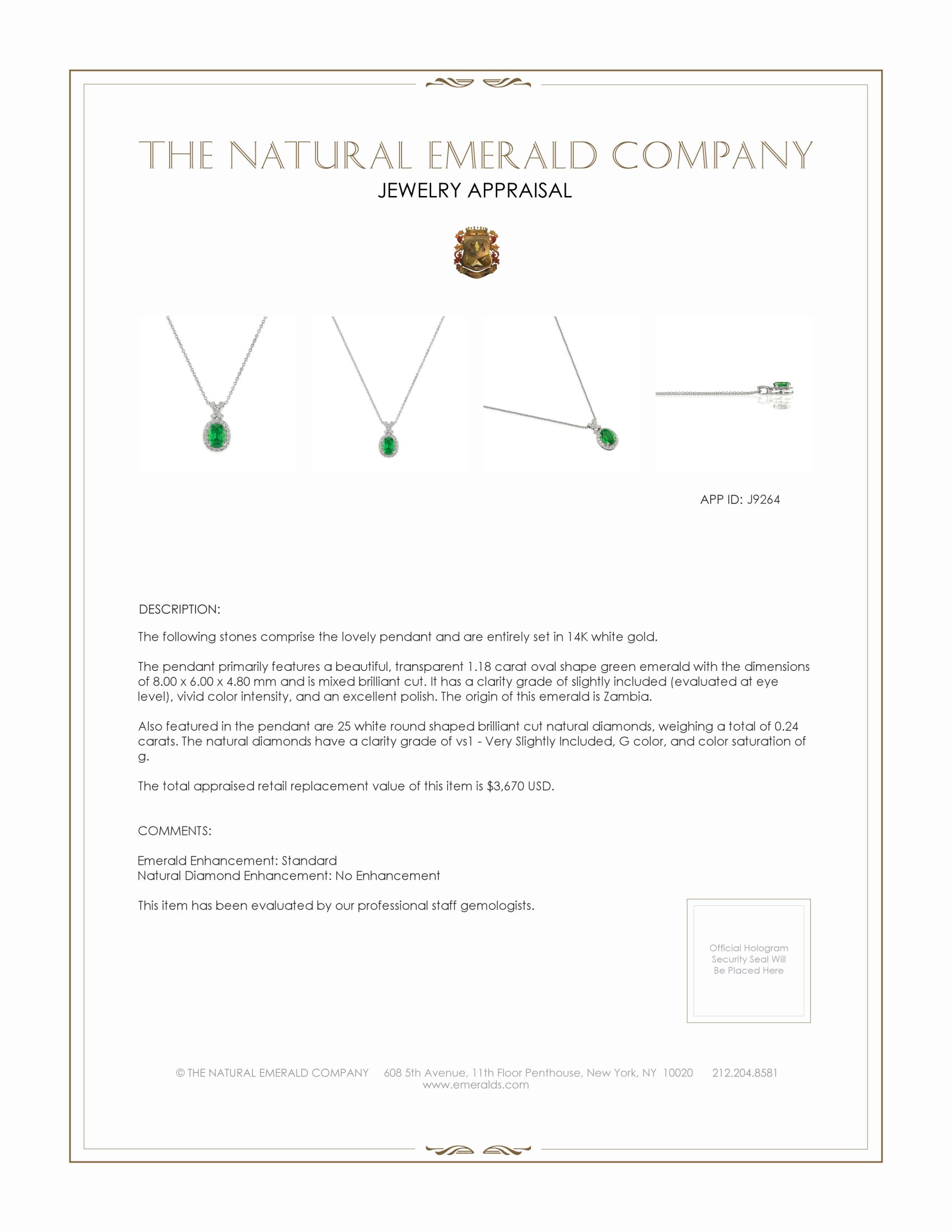1.18 Ct. Emerald Natural Diamond Pave Pendant, 14K White Gold