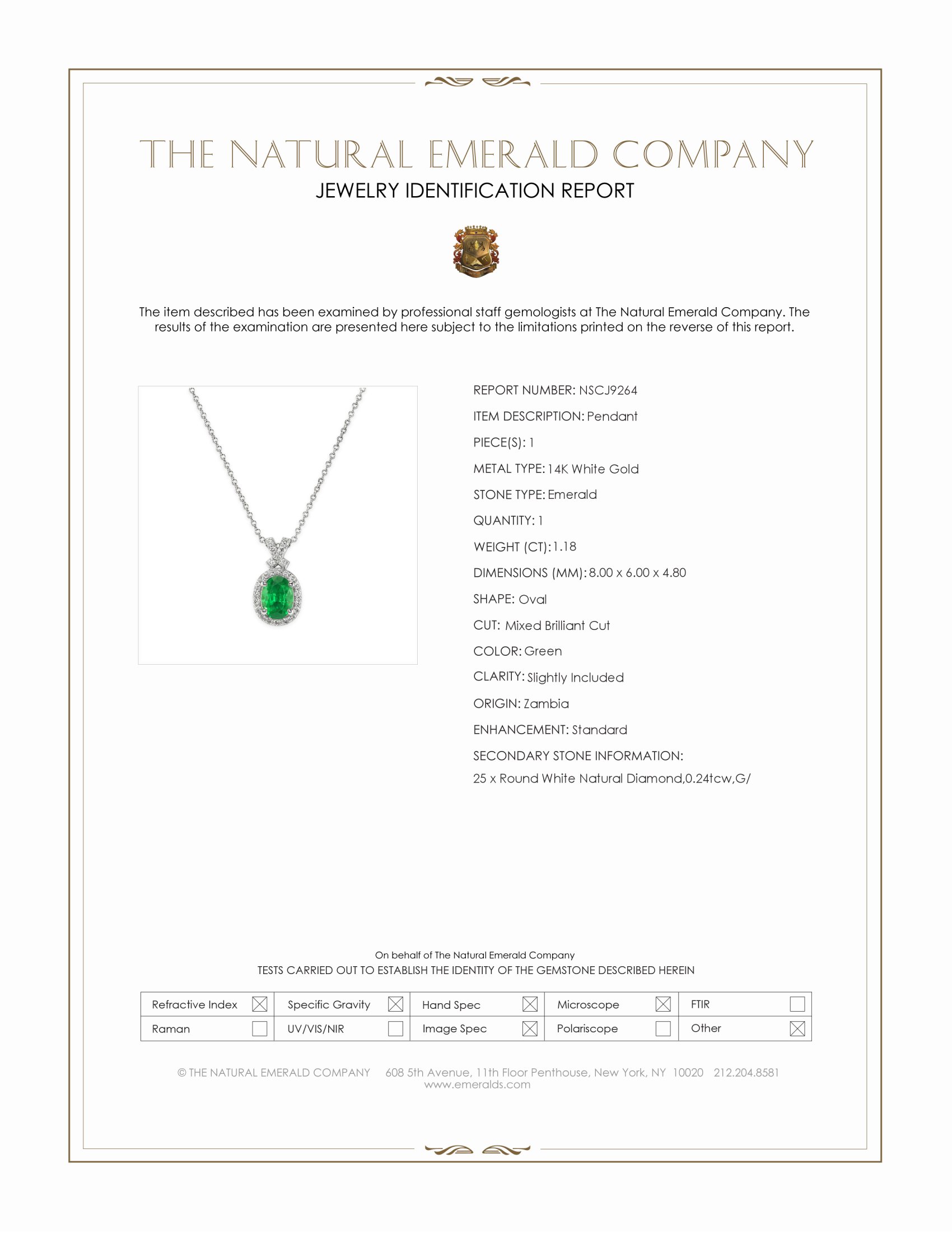 1.18 Ct. Emerald and Natural Diamond Pave Pendant, 14K White Gold