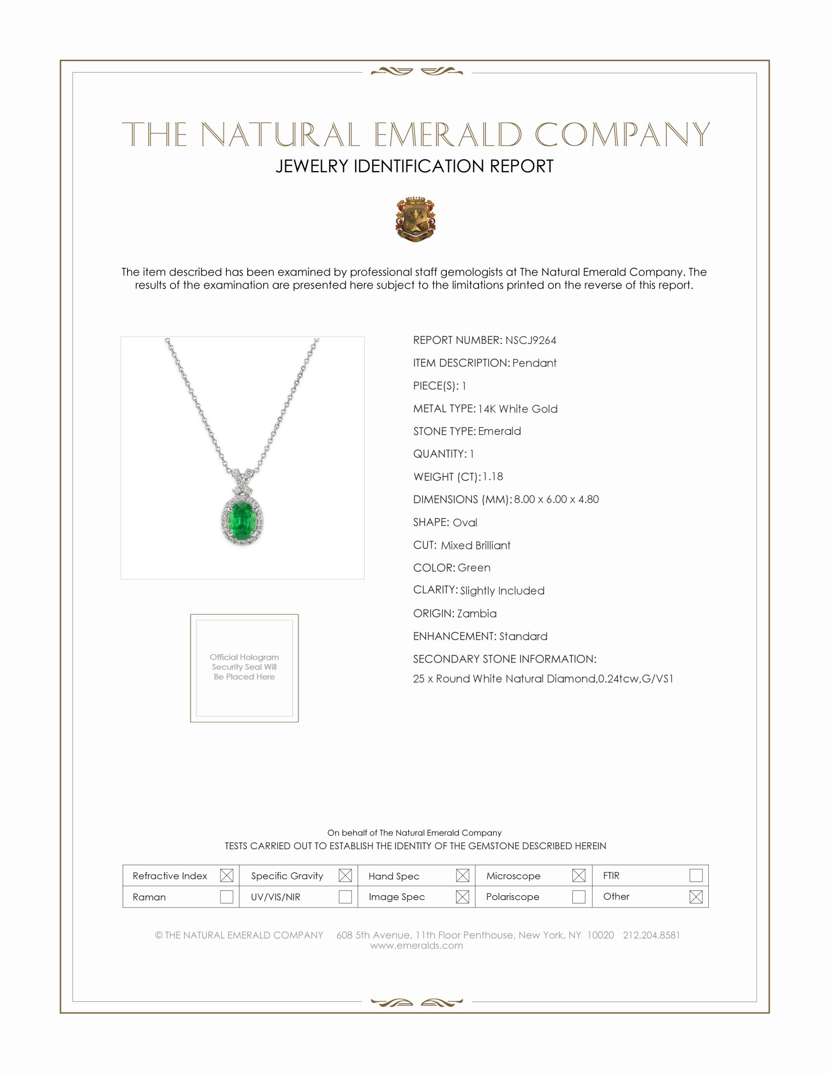 1.18 Ct. Emerald Natural Diamond Pave Pendant, 14K White Gold