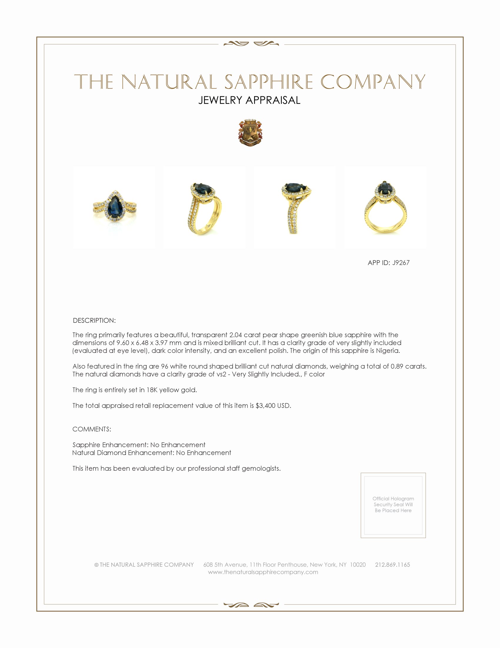 2.04 Ct. Greenish Blue Sapphire and Natural Diamond Pave Ring, 18K Yellow Gold