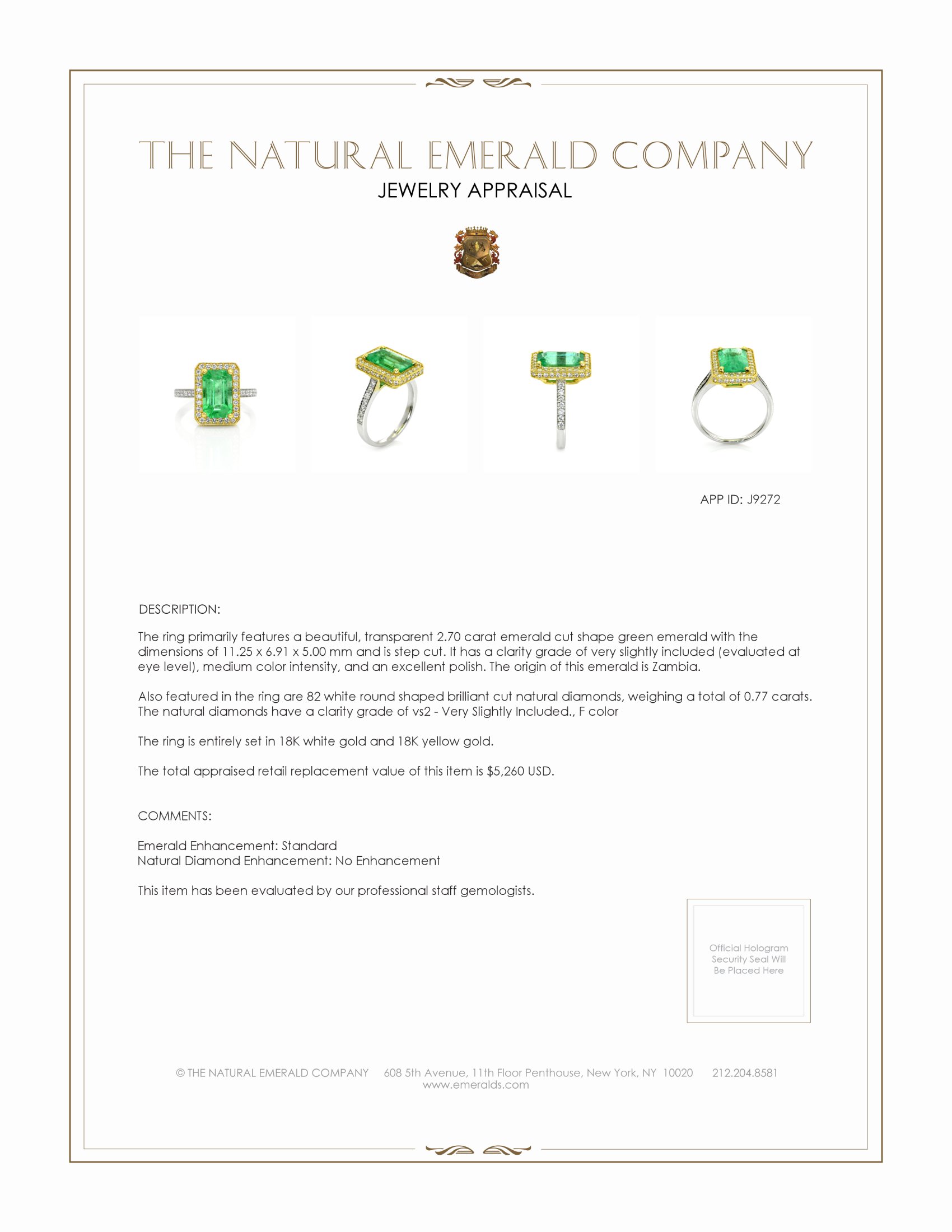 2.70 Ct. Emerald Natural Diamond Pave Ring, 18K White & Yellow