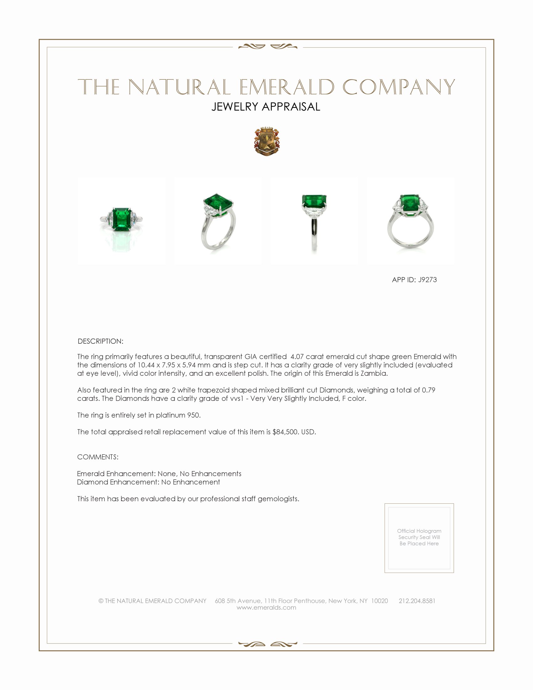 4.07 Ct. Emerald and Natural Diamond Three Stone Ring, Platinum 950