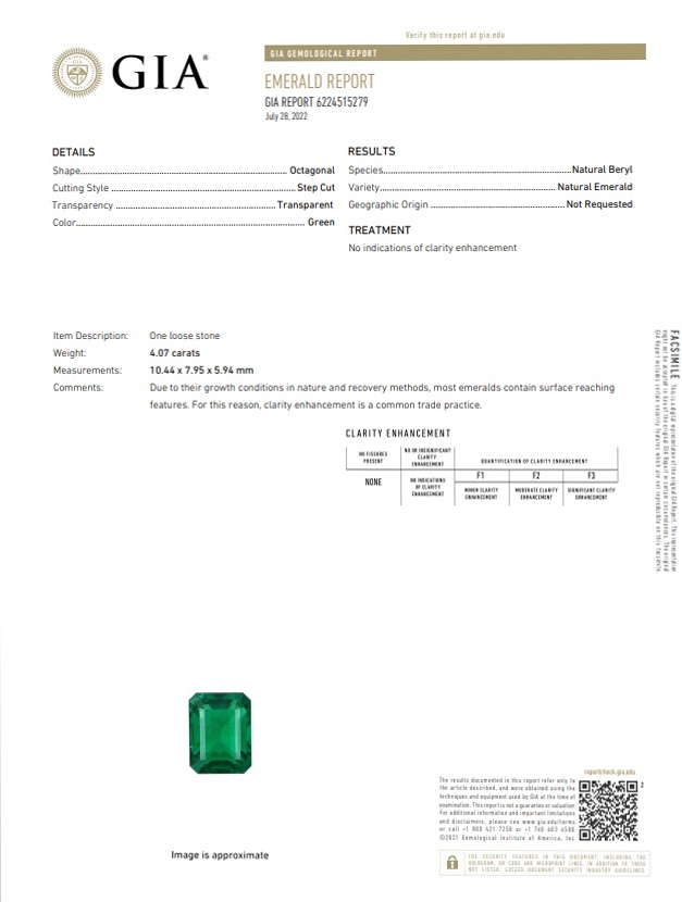 4.07 Ct. Emerald and Natural Diamond Three Stone Ring, Platinum 950