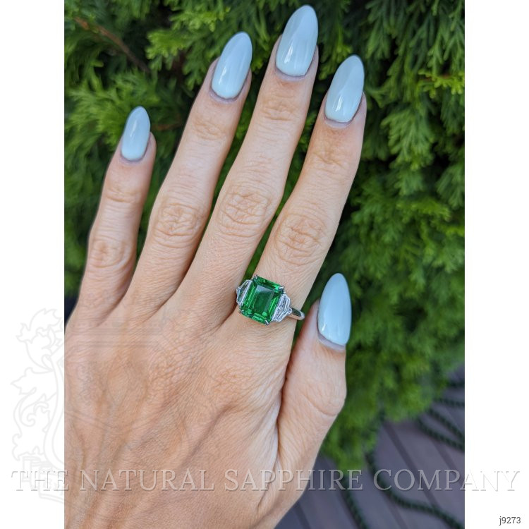 4.07 Ct. Emerald Natural Diamond Three Stone Ring, Platinum 950