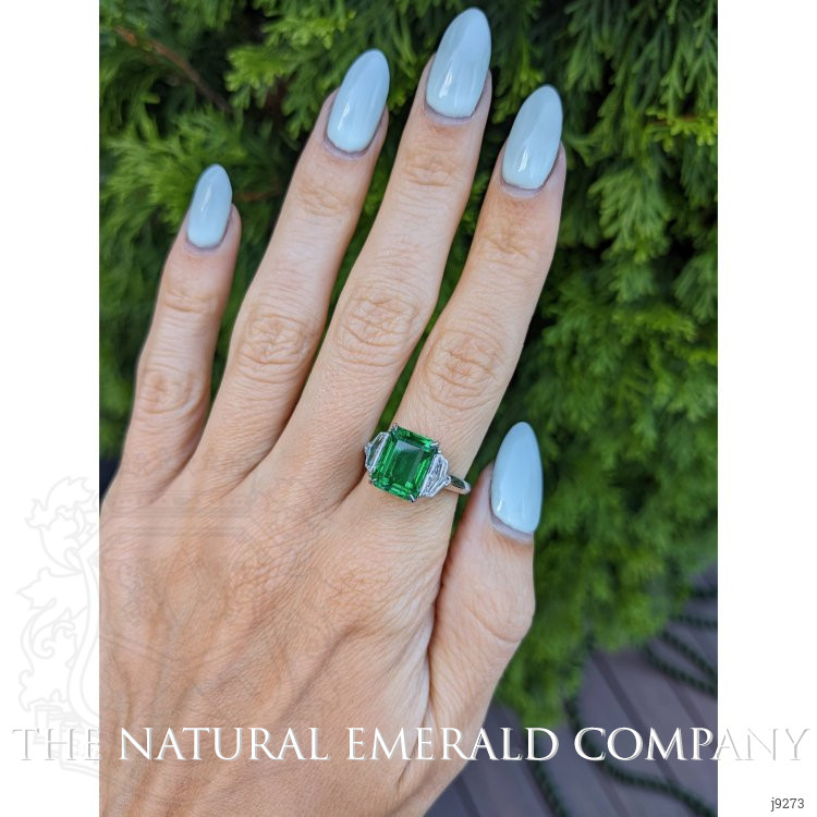 4.07 Ct. Emerald Natural Diamond Three Stone Ring, Platinum 950