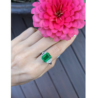 4.07 Ct. Emerald Natural Diamond Three Stone Ring, Platinum 950 Life Style
