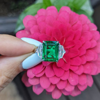 4.07 Ct. Emerald Natural Diamond Three Stone Ring, Platinum 950 Life Style