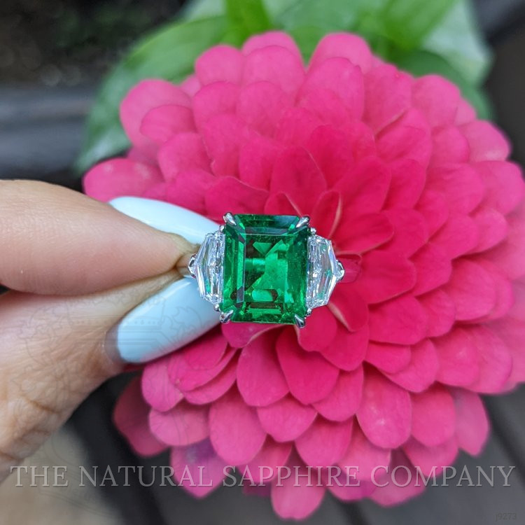4.07 Ct. Emerald Natural Diamond Three Stone Ring, Platinum 950