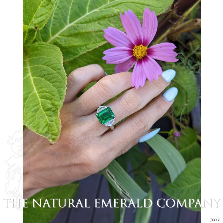 4.07 Ct. Emerald Natural Diamond Three Stone Ring, Platinum 950