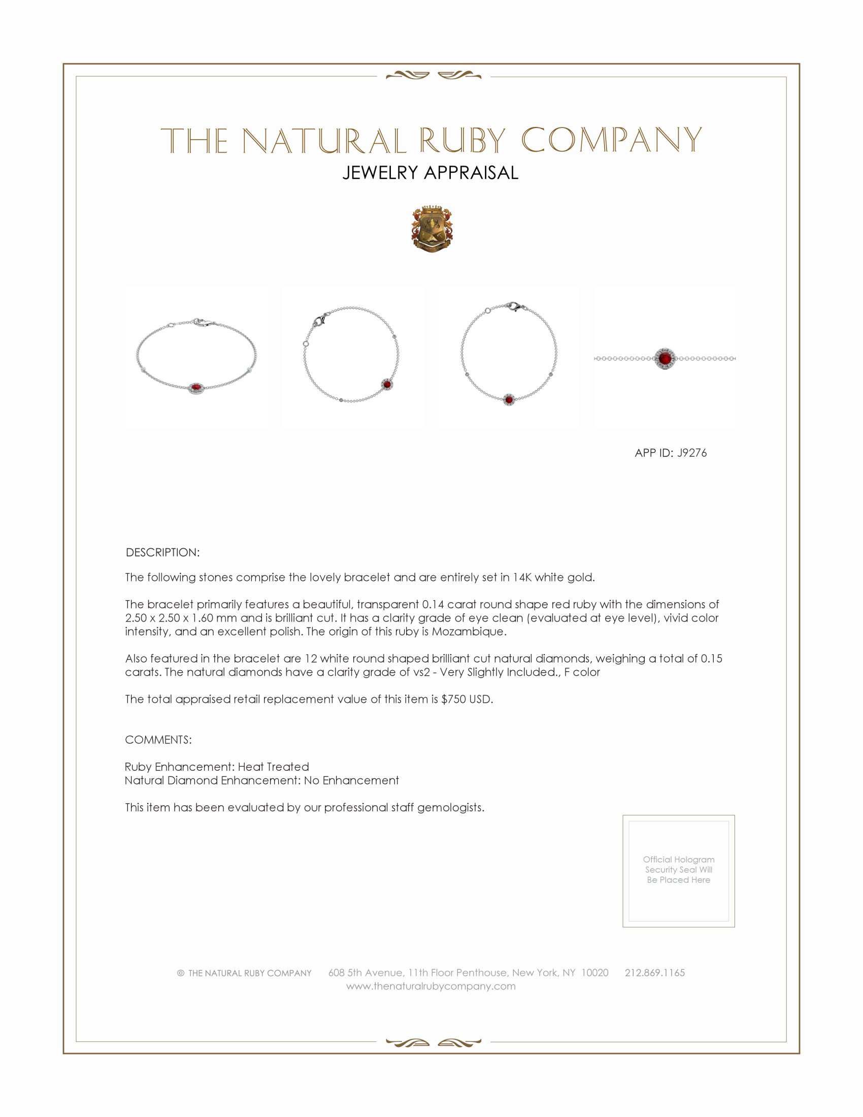 0.14 Ct.Tw. Ruby Natural Diamond Pave Bracelet, 14K White Gold