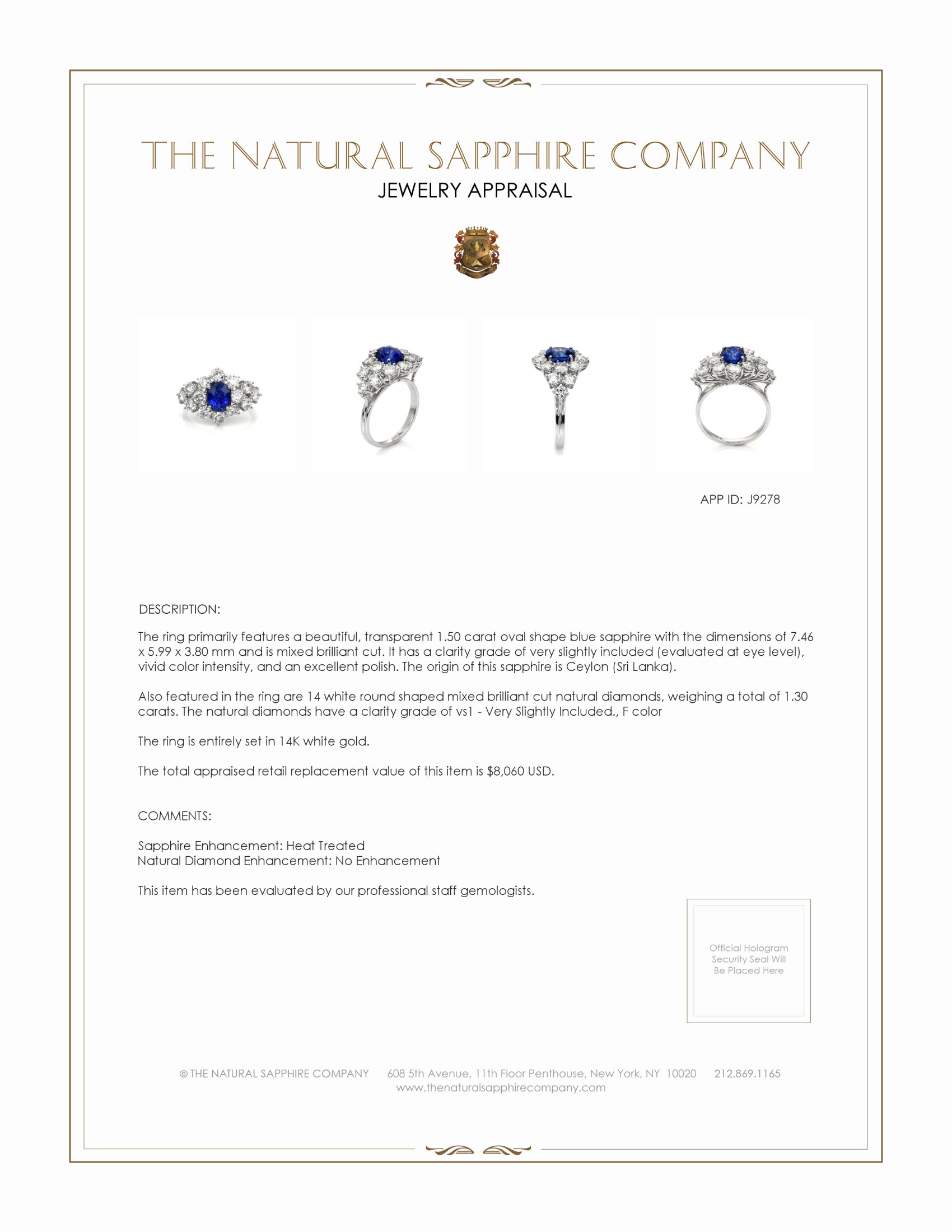 1.50 Ct. Blue Sapphire and Natural Diamond Antique Style Ring, 14K White Gold