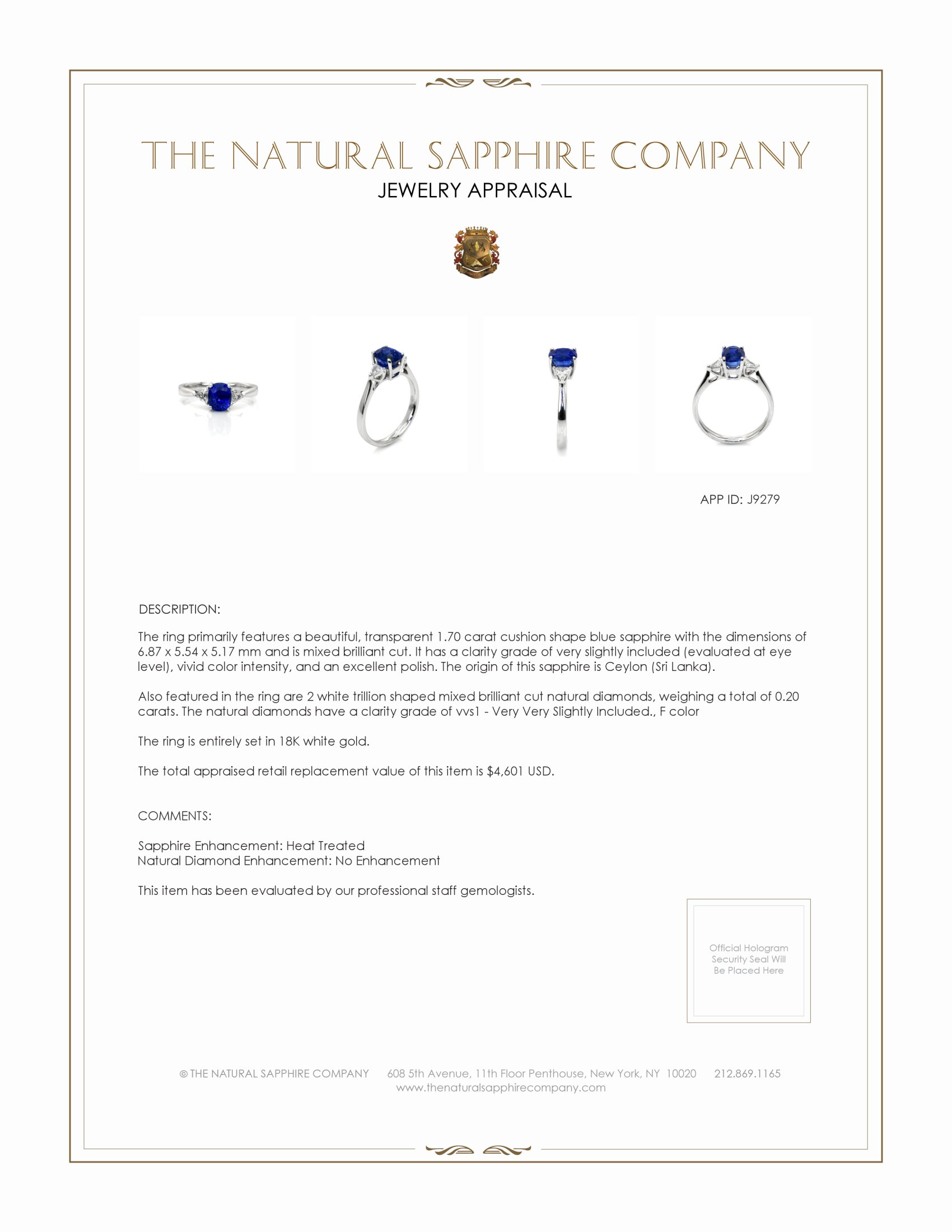 1.70 Ct. Blue Sapphire and Natural Diamond Three Stone Ring, 18K White Gold