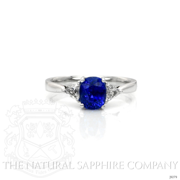 1.70 Ct. Blue Sapphire and Natural Diamond Three Stone Ring, 18K White Gold