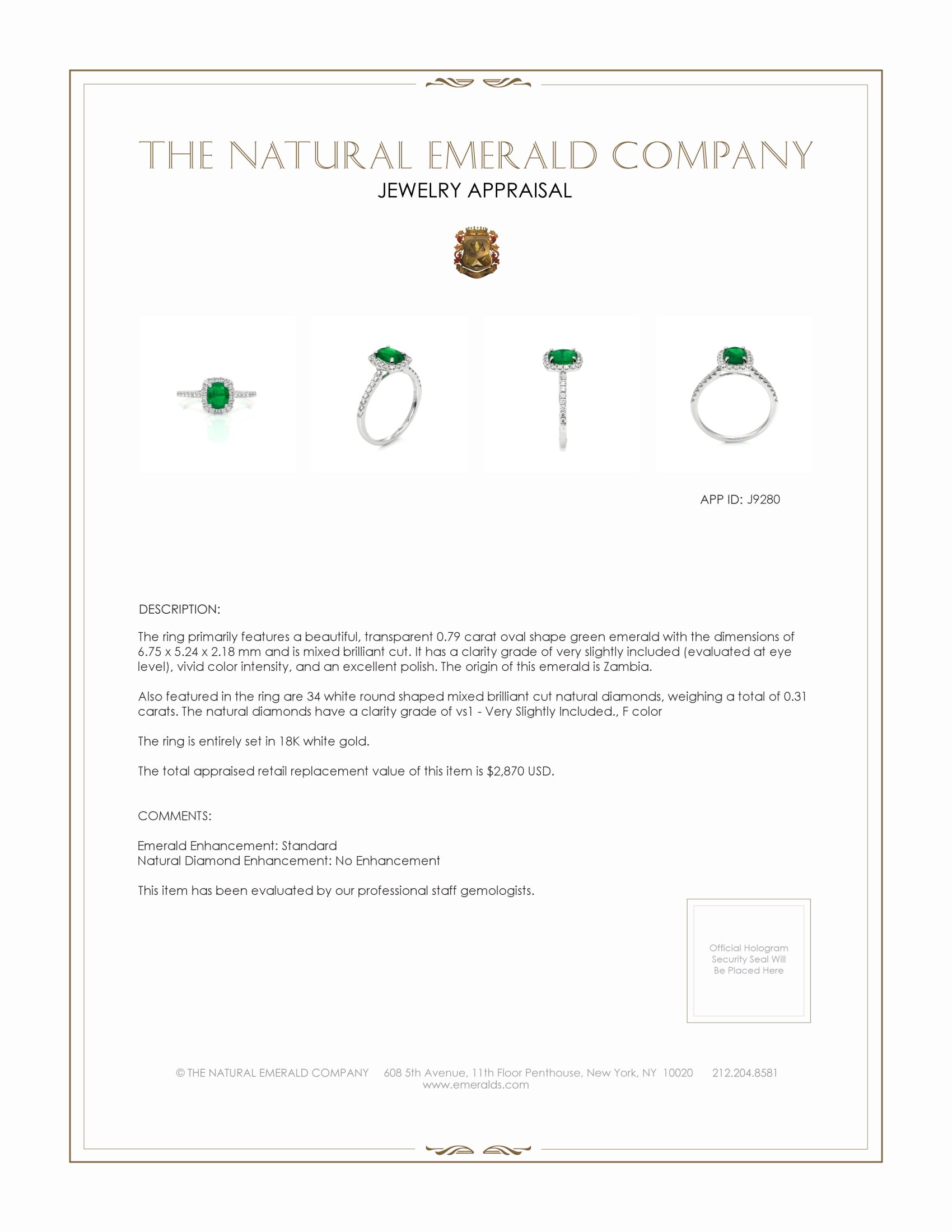 0.79 Ct. Emerald and Natural Diamond Pave Ring, 18K White Gold