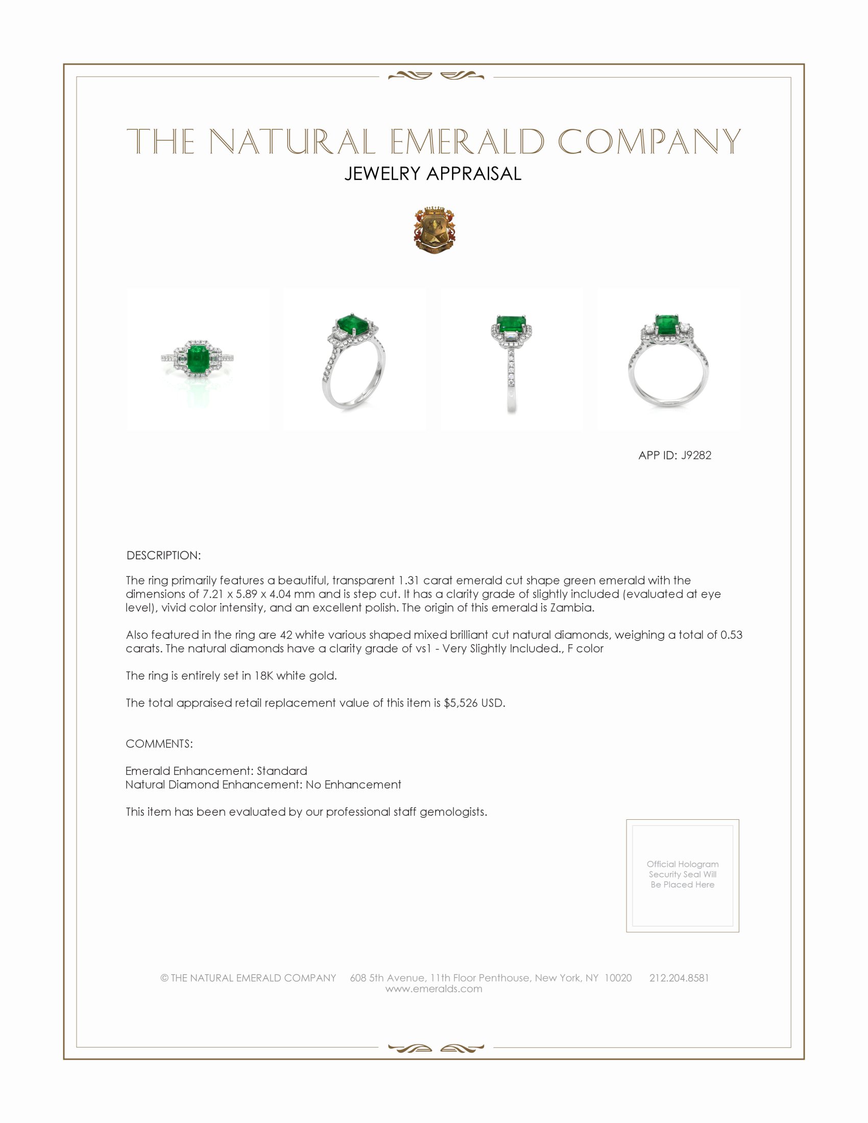 1.31 Ct. Emerald and Natural Diamond Pave Ring, 18K White Gold