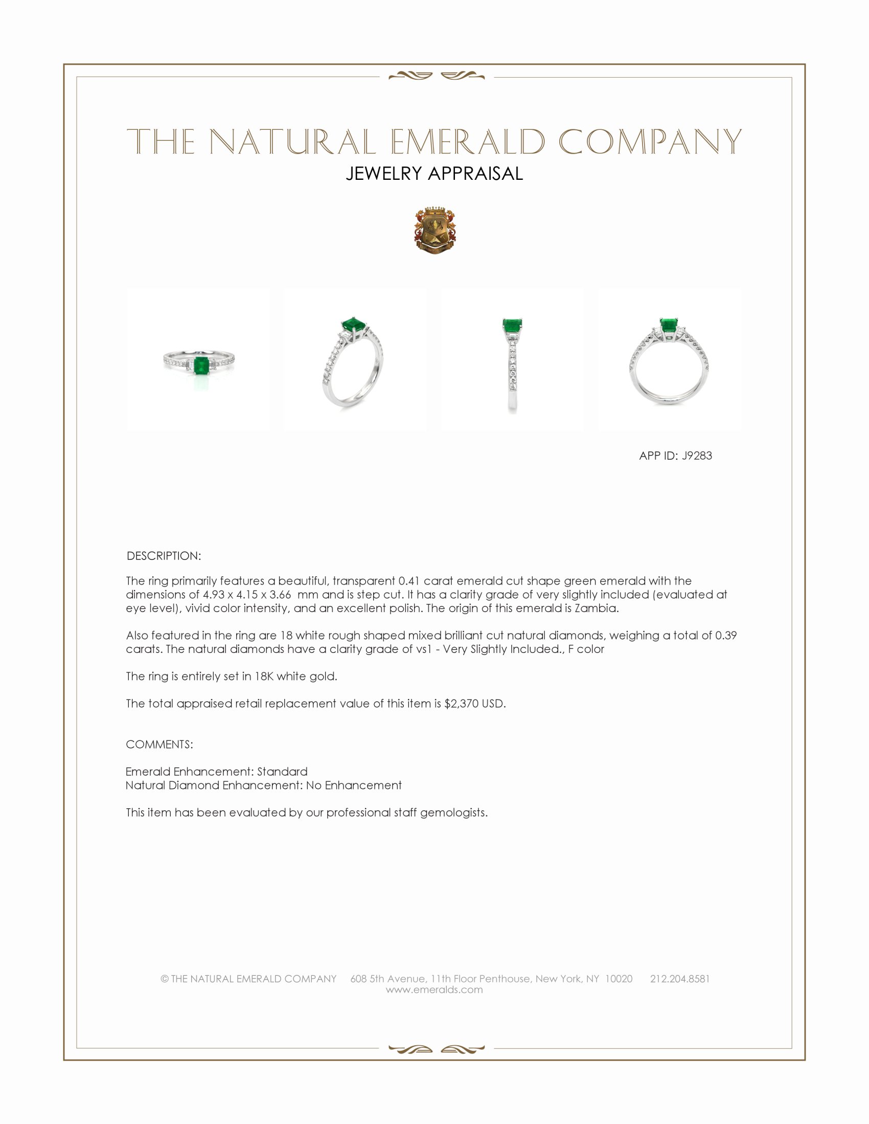0.41 Ct. Emerald and Natural Diamond Pave Ring, 18K White Gold