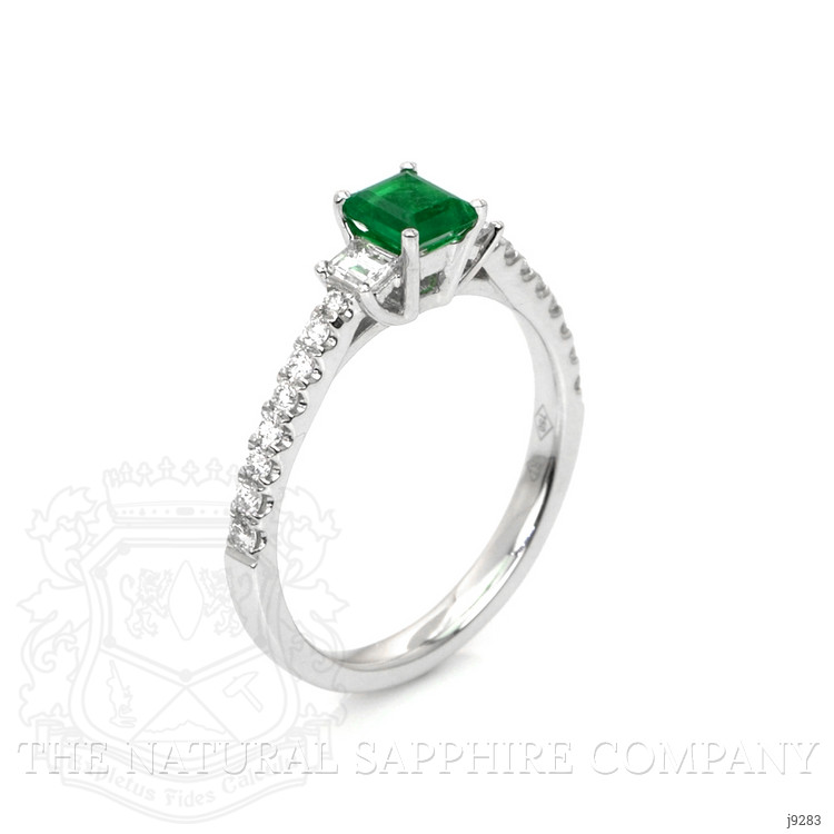 0.41 Ct. Emerald and Natural Diamond Pave Ring, 18K White Gold