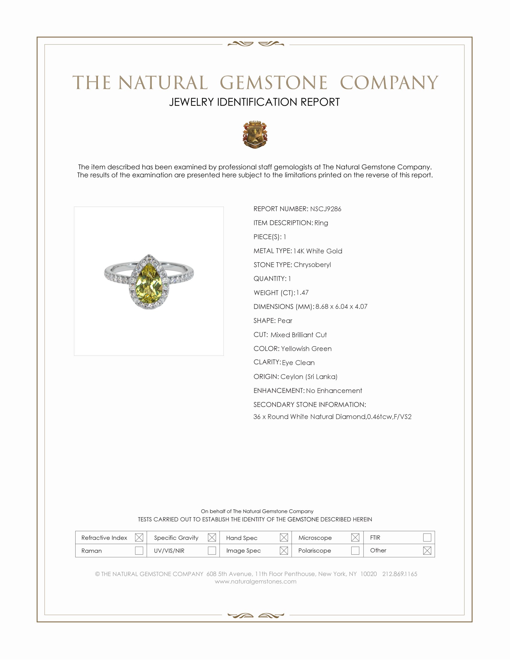 1.47 Ct. Yellowish Green Chrysoberyl and Natural Diamond Pave Ring, 14K White Gold