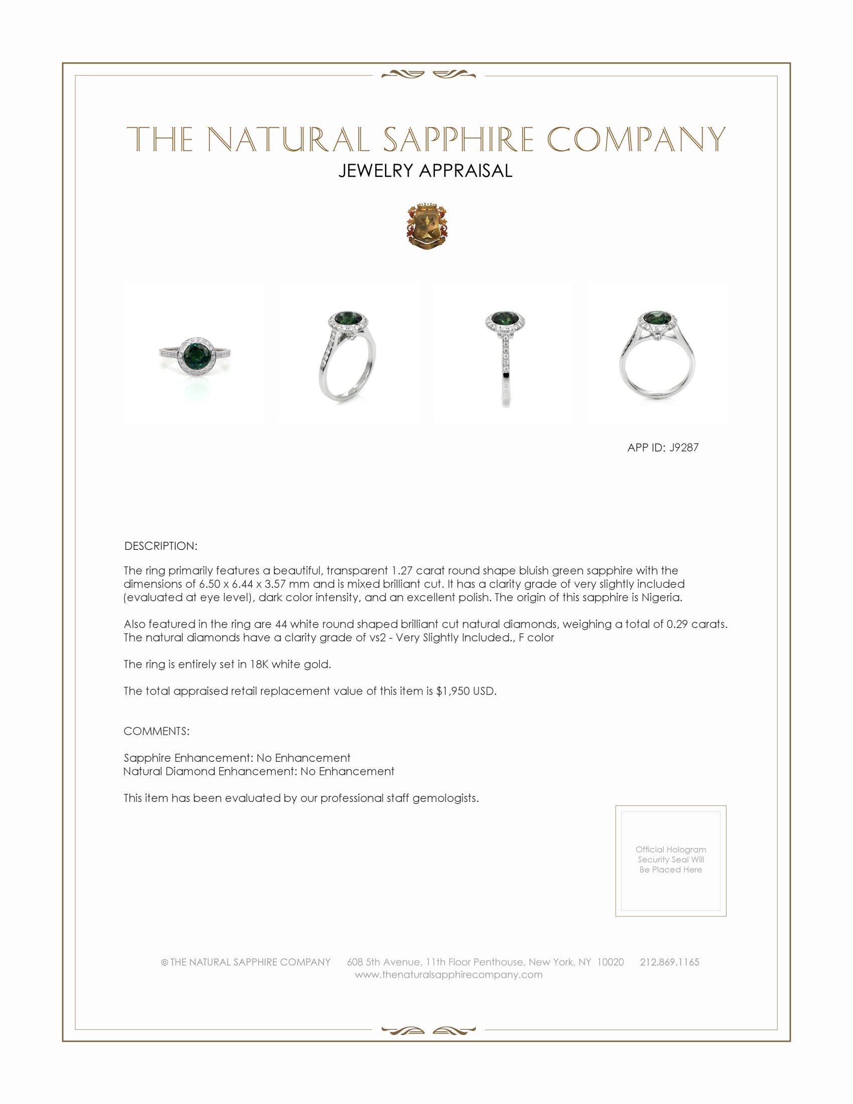 1.27 Ct. Bluish Green Sapphire and Natural Diamond Pave Ring, 18K White Gold