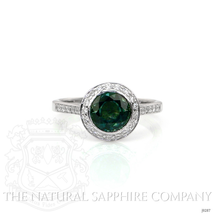 1.27 Ct. Bluish Green Sapphire and Natural Diamond Pave Ring, 18K White Gold
