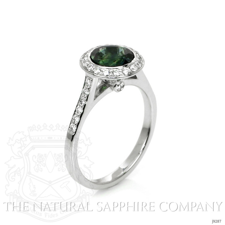 1.27 Ct. Bluish Green Sapphire and Natural Diamond Pave Ring, 18K White Gold
