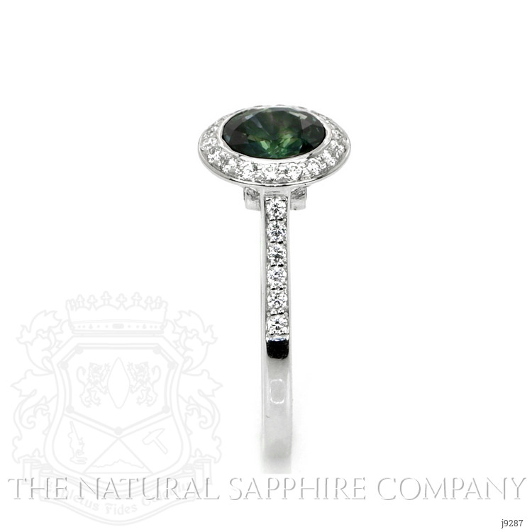 1.27 Ct. Bluish Green Sapphire and Natural Diamond Pave Ring, 18K White Gold