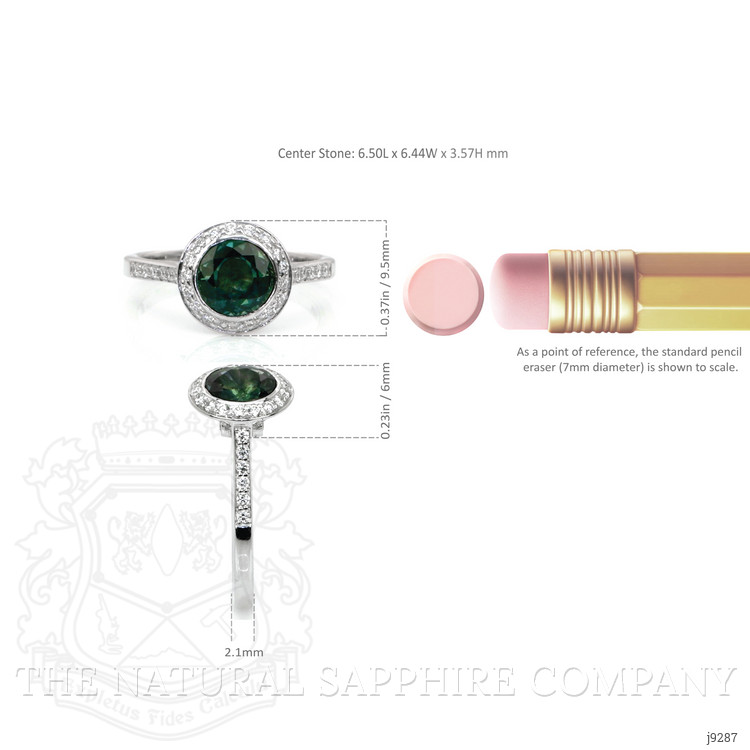 1.27 Ct. Bluish Green Sapphire and Natural Diamond Pave Ring, 18K White Gold