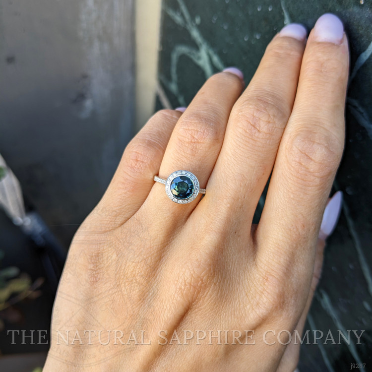 1.27 Ct. Bluish Green Sapphire and Natural Diamond Pave Ring, 18K White Gold