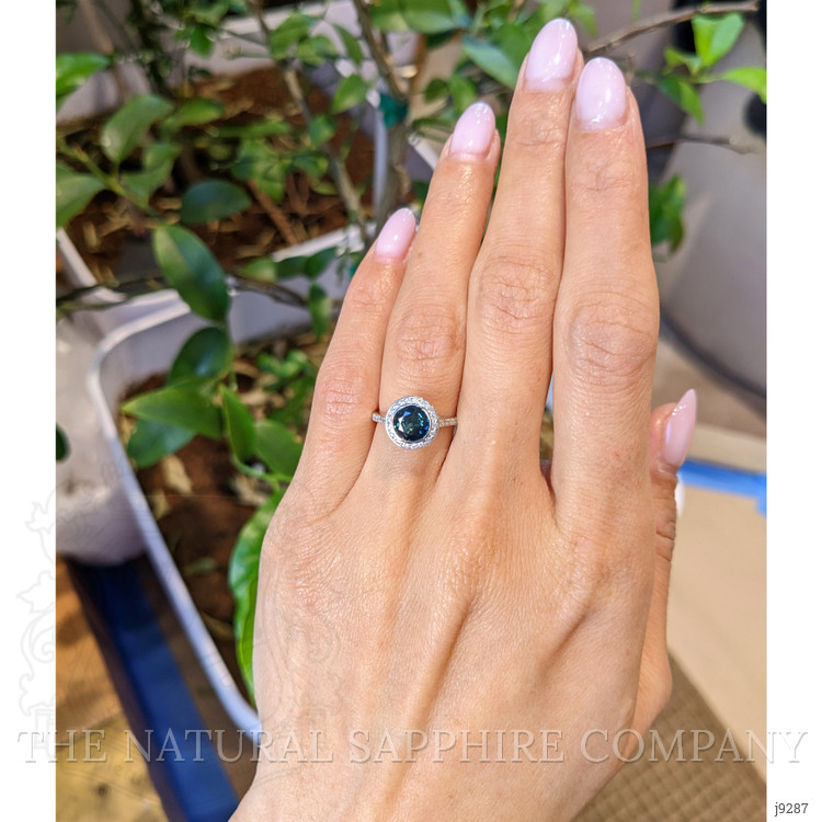 1.27 Ct. Bluish Green Sapphire and Natural Diamond Pave Ring, 18K White Gold