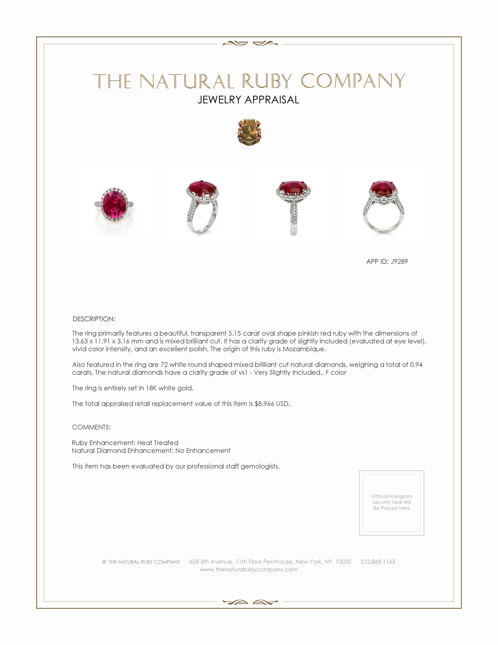 5.15 Ct. Pinkish Red Ruby and Natural Diamond Pave Ring, 18K White Gold