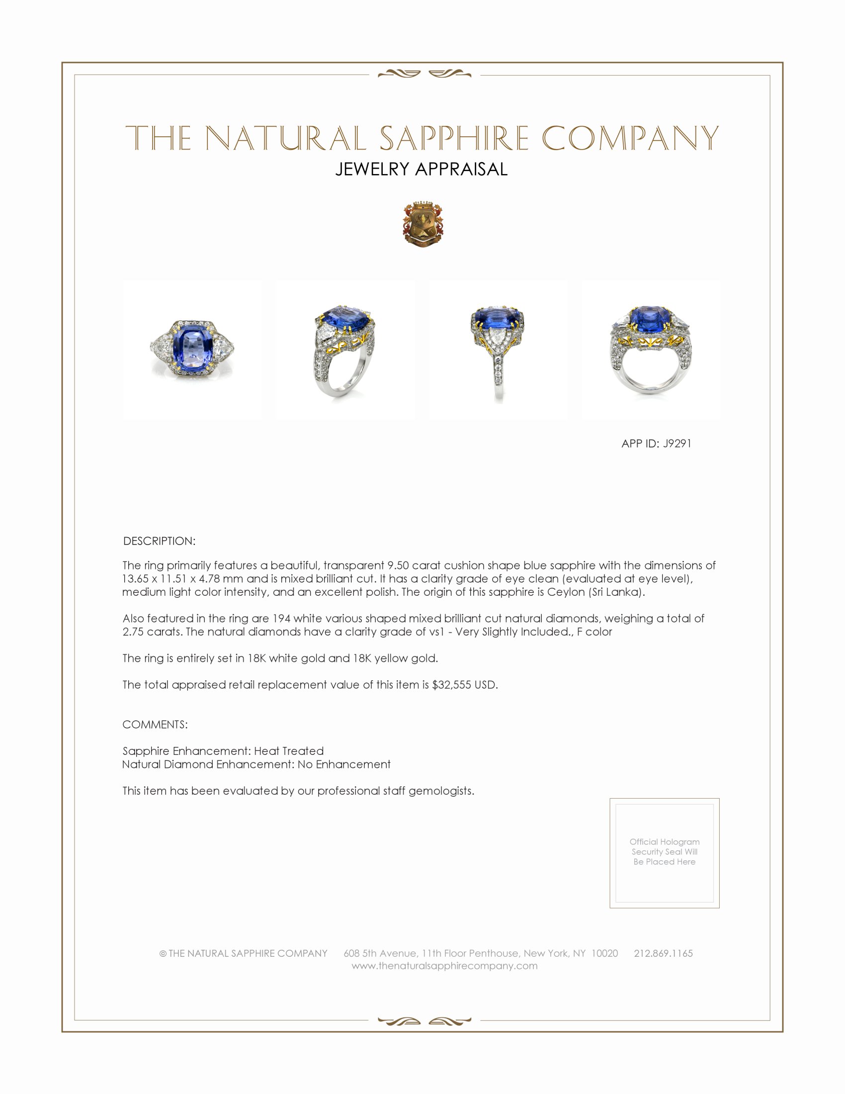 9.50 Ct. Blue Sapphire and Natural Diamond Antique Style Ring, 18K White & Yellow