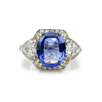 9.50 Ct. Blue Sapphire and Natural Diamond Antique Style Ring, 18K White & Yellow Video