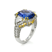 9.50 Ct. Blue Sapphire and Natural Diamond Antique Style Ring, 18K White & Yellow Image