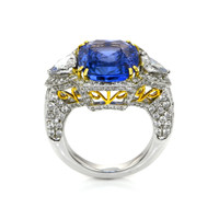 9.50 Ct. Blue Sapphire and Natural Diamond Antique Style Ring, 18K White & Yellow Image