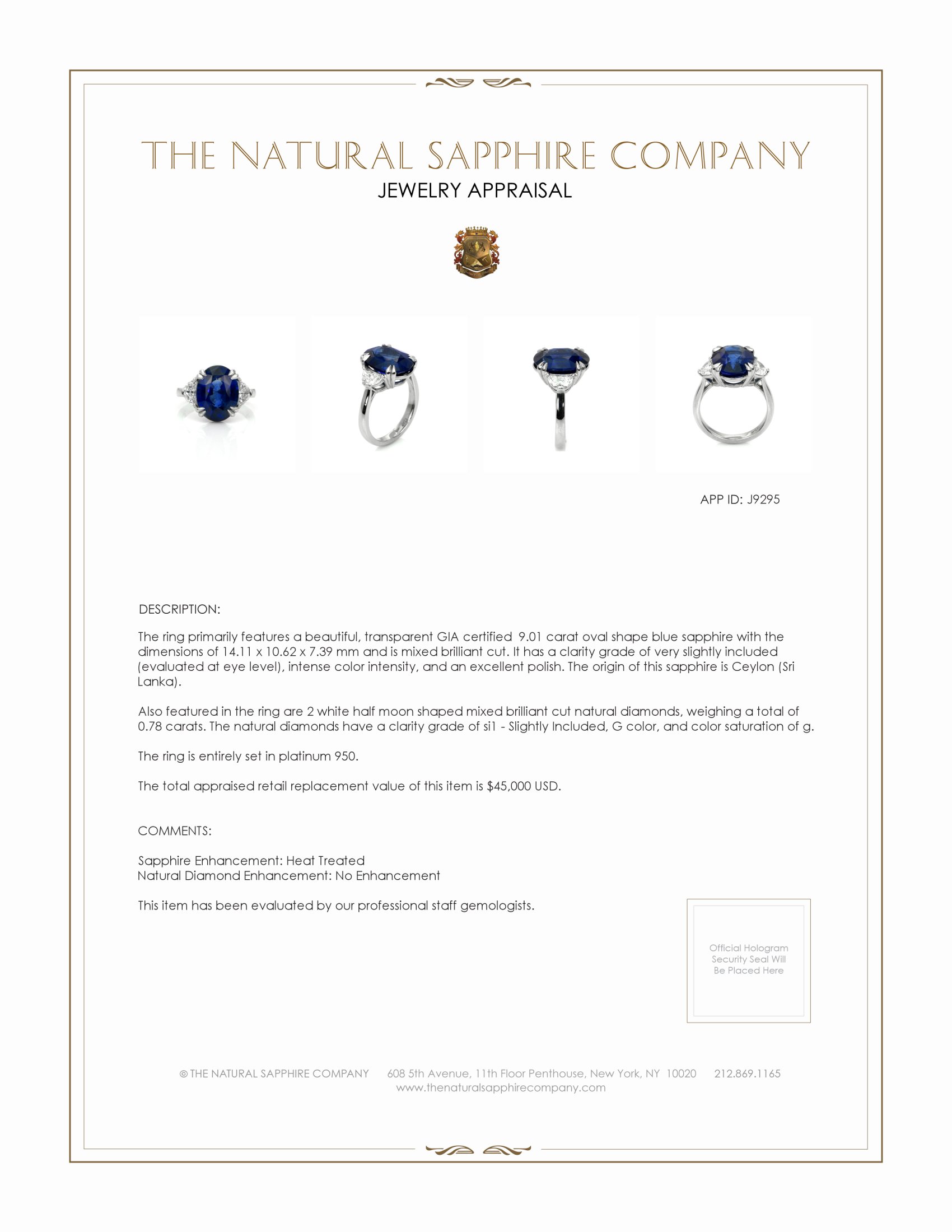 9.01 Ct. Blue Sapphire and Natural Diamond Three Stone Ring, Platinum 950