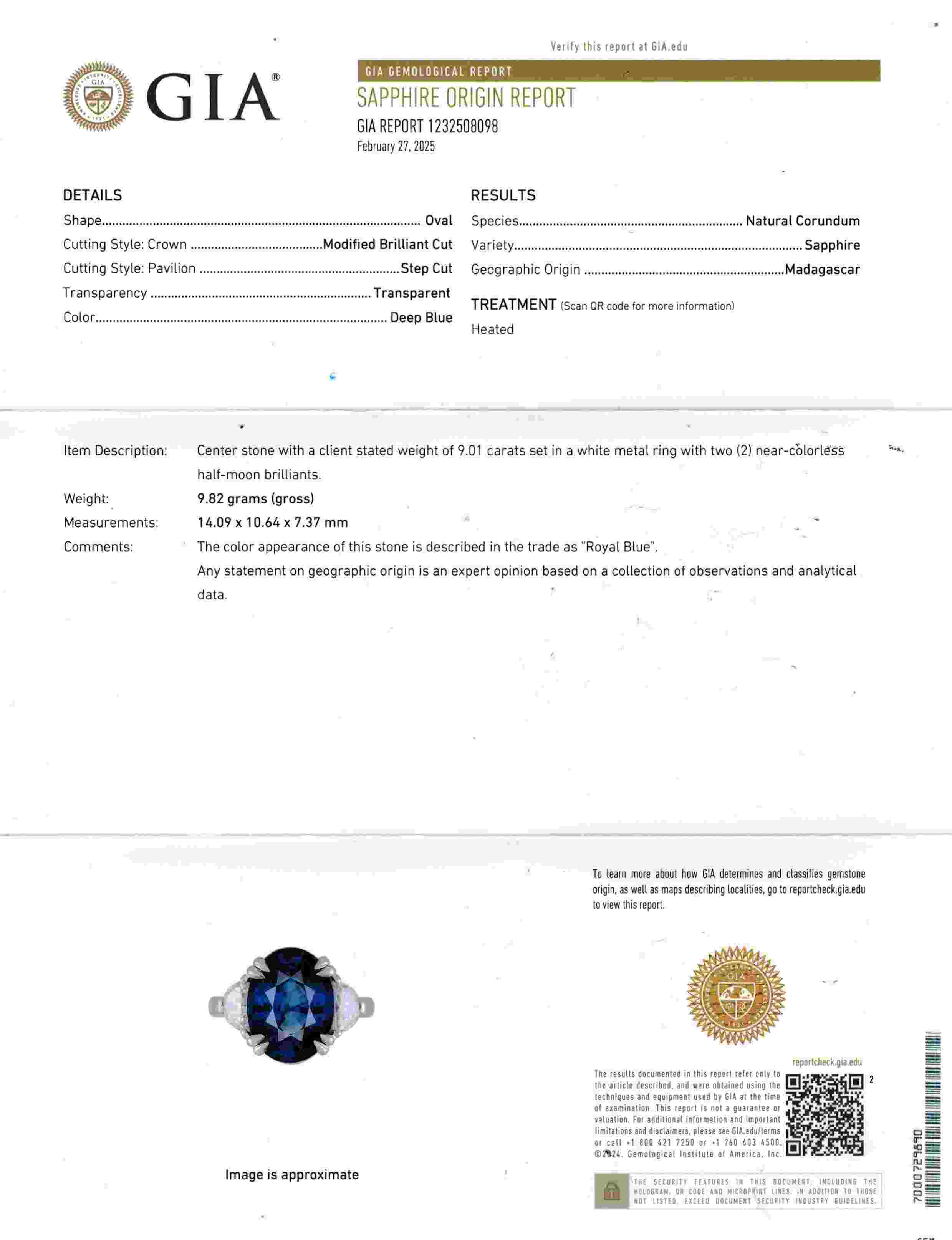 9.01 Ct. Blue Sapphire and Natural Diamond Three Stone Ring, Platinum 950