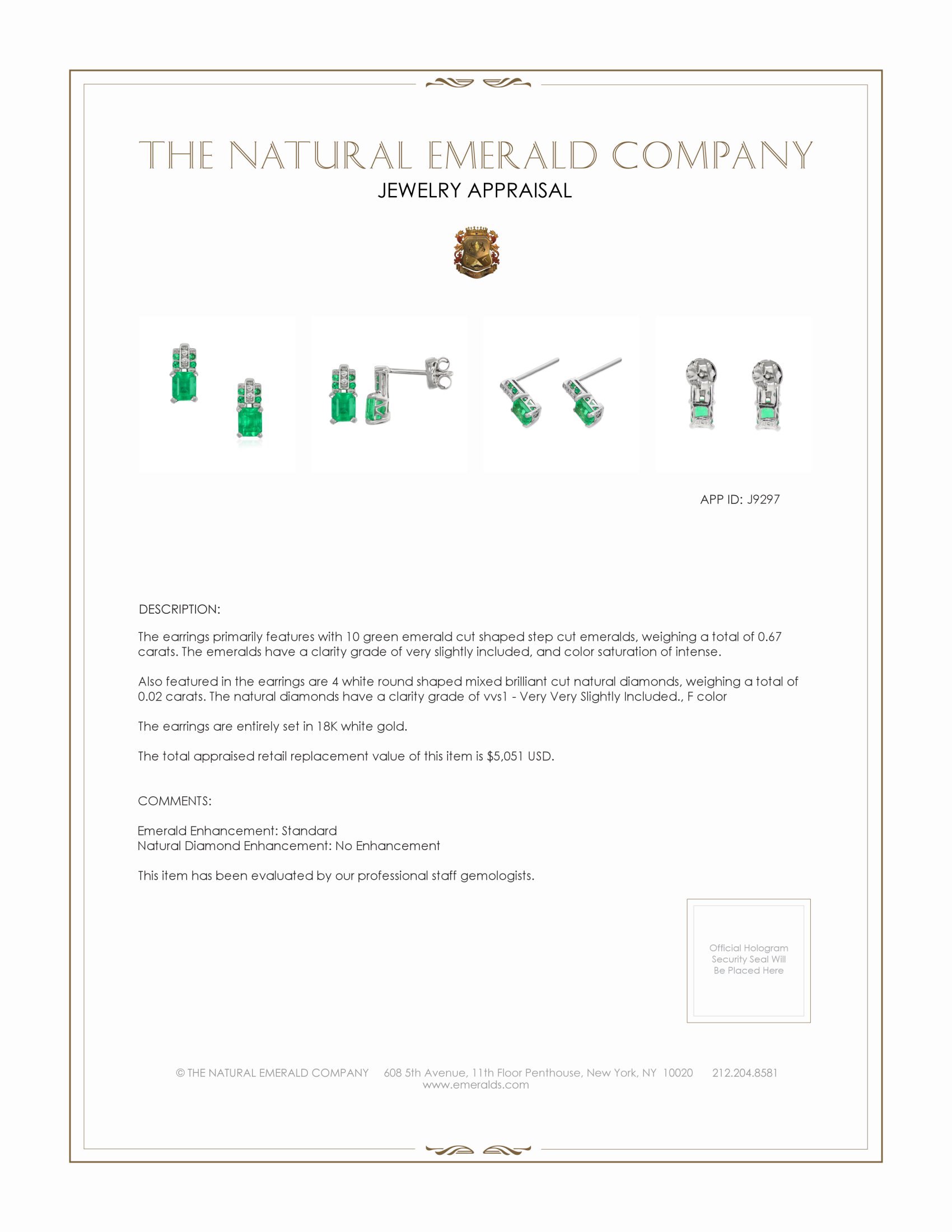 0.67 Ct.Tw. Emerald and Natural Diamond Accent Stones Earrings, 18K White Gold