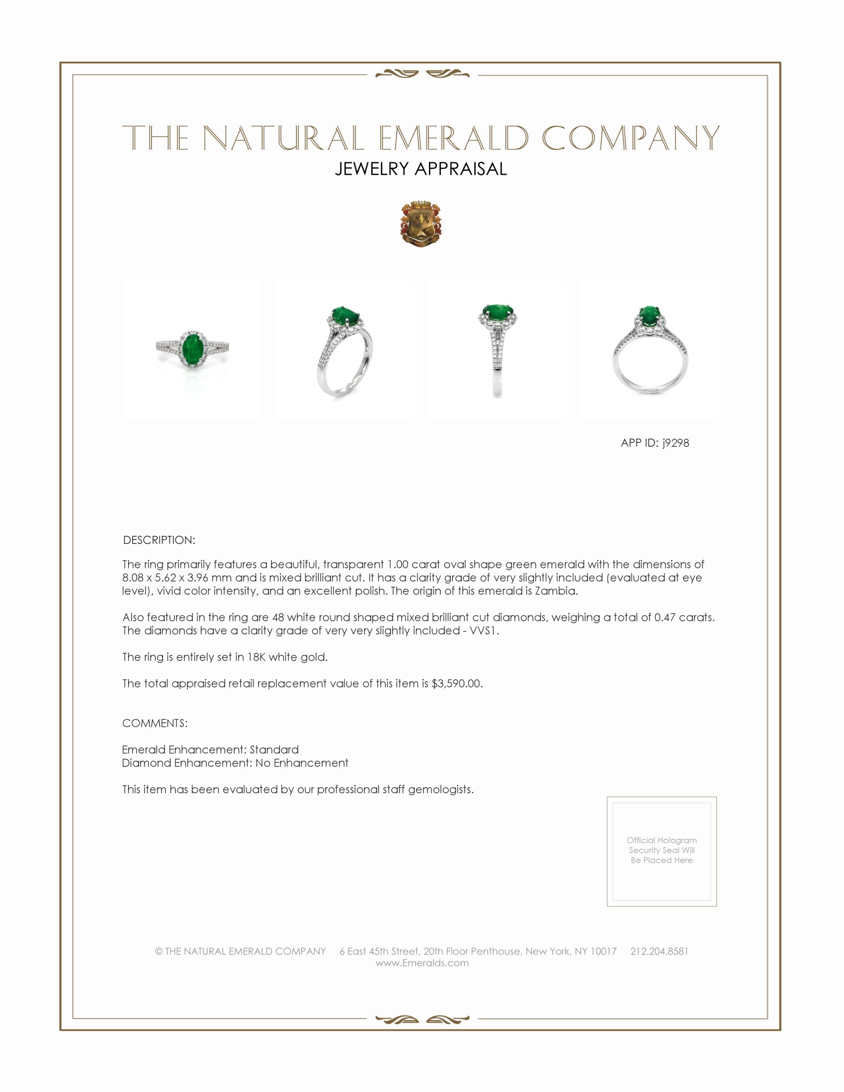 1.00 Ct. Emerald and Natural Diamond Ring, 18K White Gold