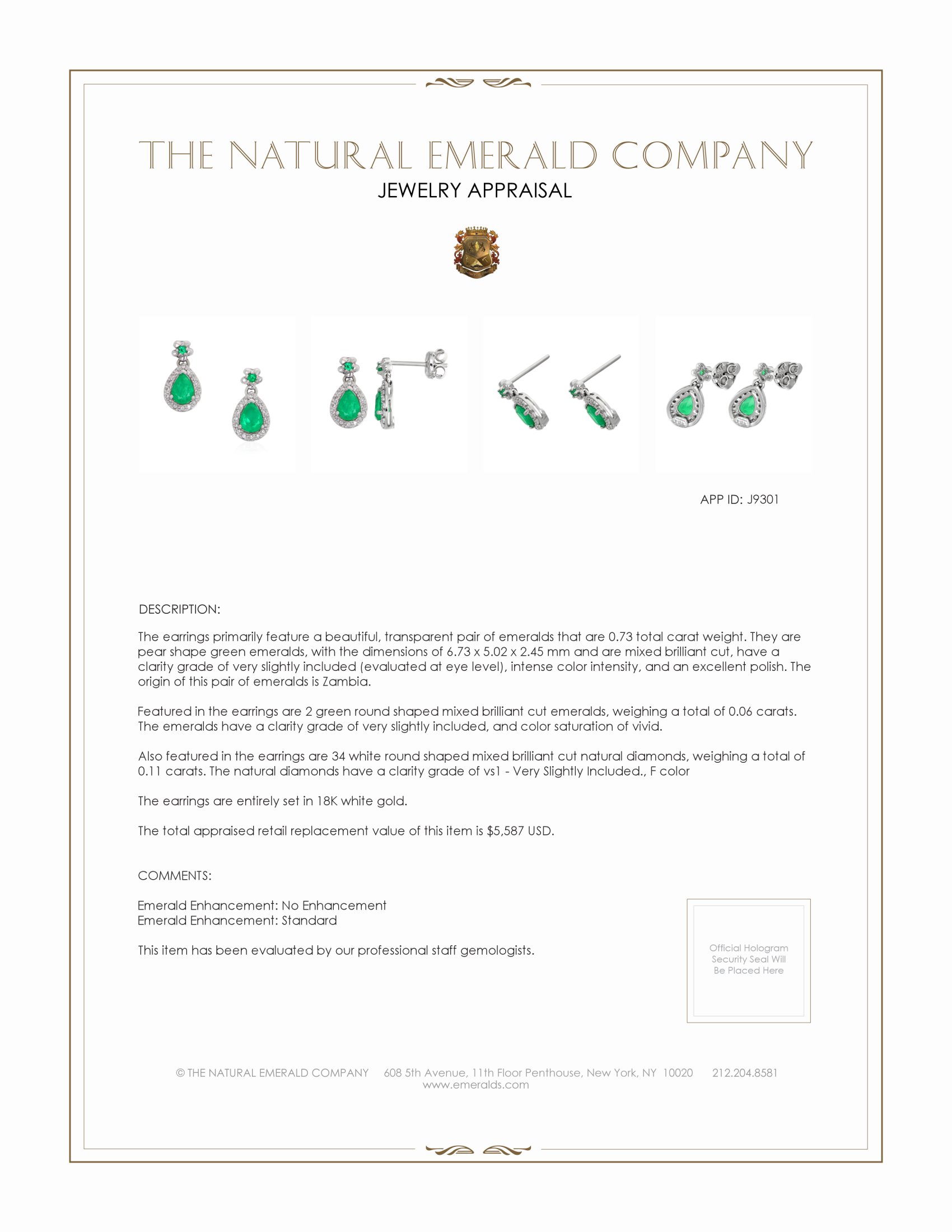 0.73 Ct.Tw. Emerald Natural Diamond Pave Earrings, 18K White Gold