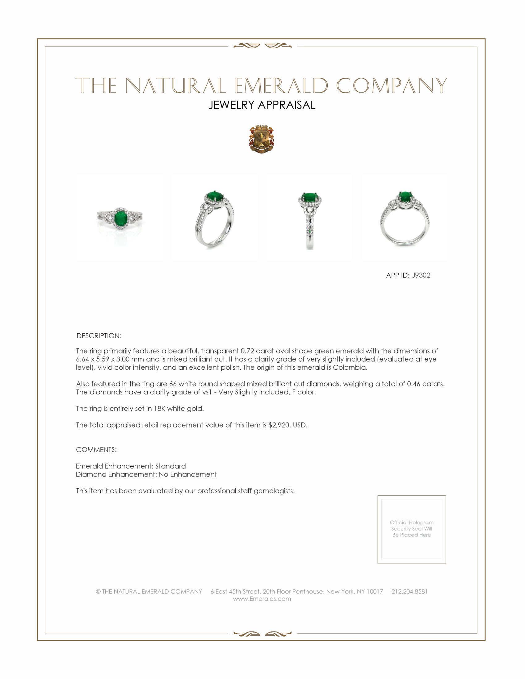 0.72 Ct. Emerald and Natural Diamond Antique Style Ring, 18K White Gold